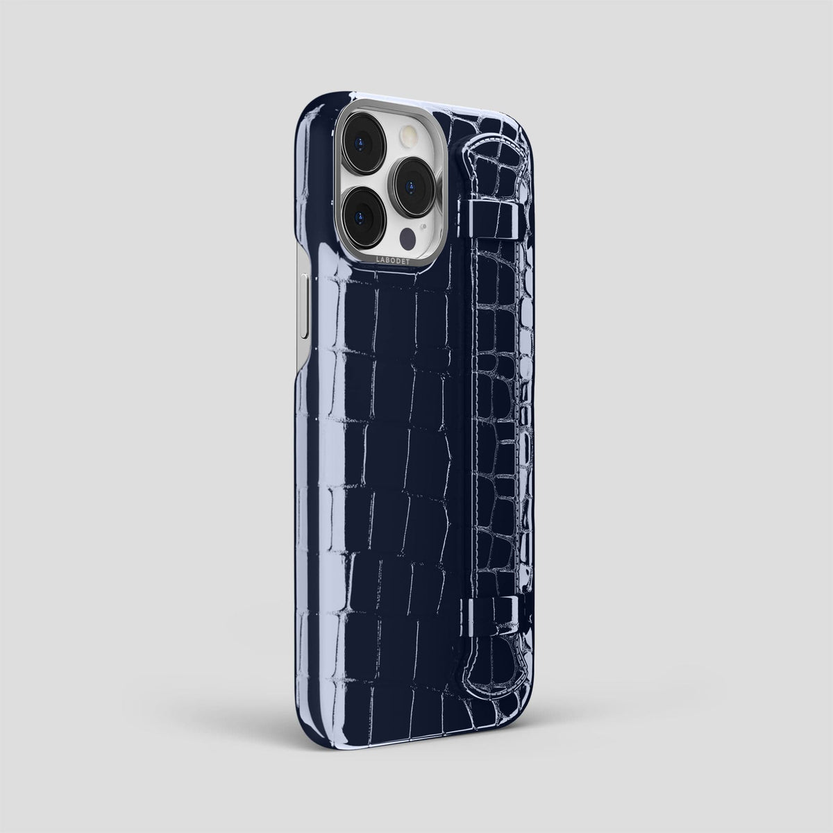 Navy-Blue iPhone 14 Pro Max Strap Case Shiny Alligator with Steel Metal -2 | Navy-Blue-Steel