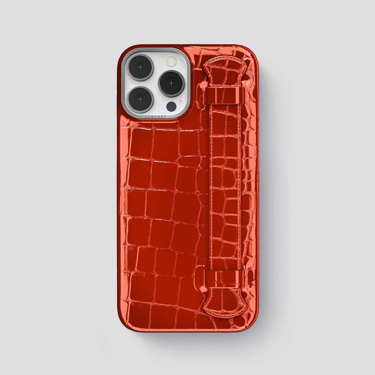 Orange iPhone 14 Pro Max Strap Case Shiny Alligator with Steel Metal -1 | Orange-Steel