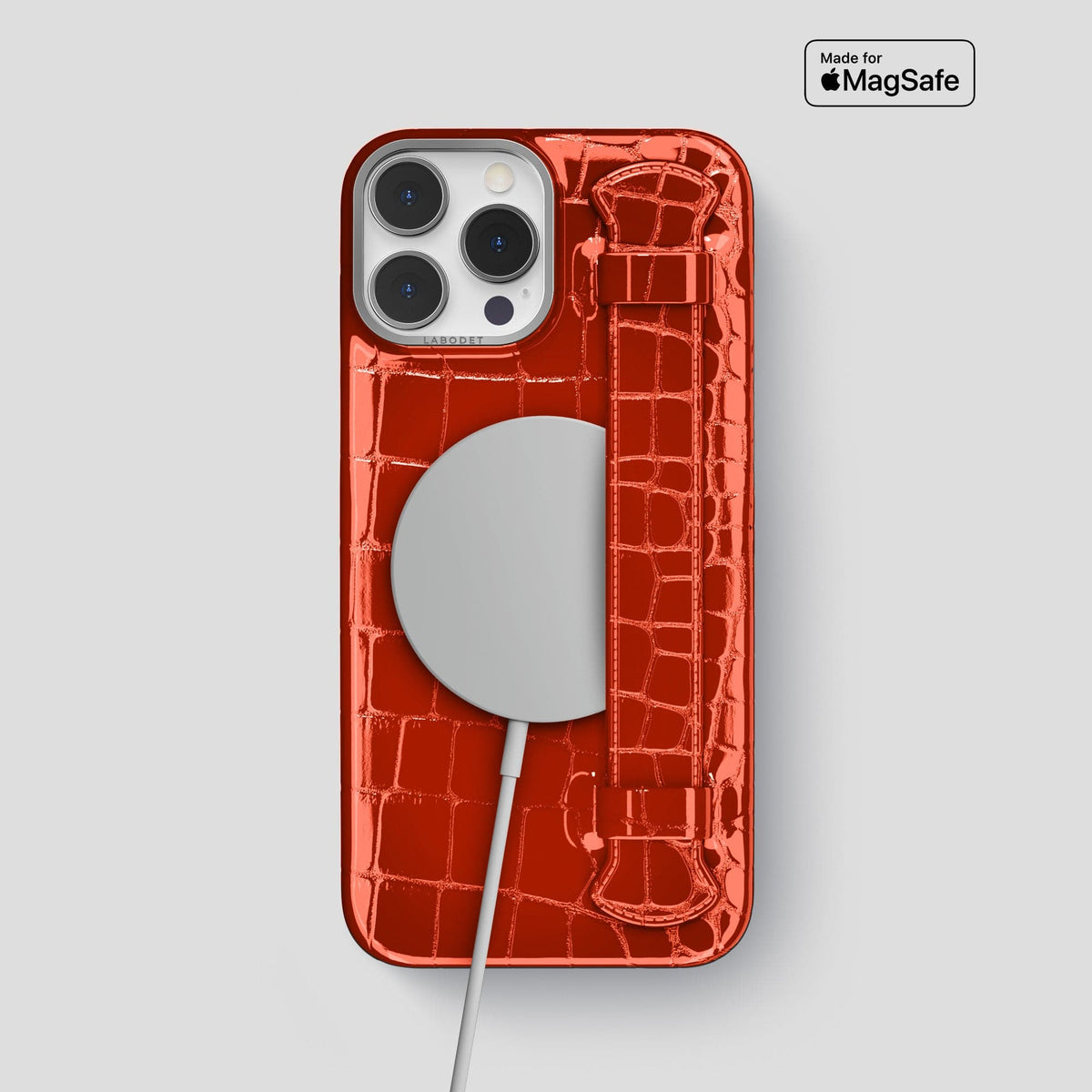 Orange iPhone 14 Pro Max Strap Case Shiny Alligator with Steel Metal -5 | Orange-Steel