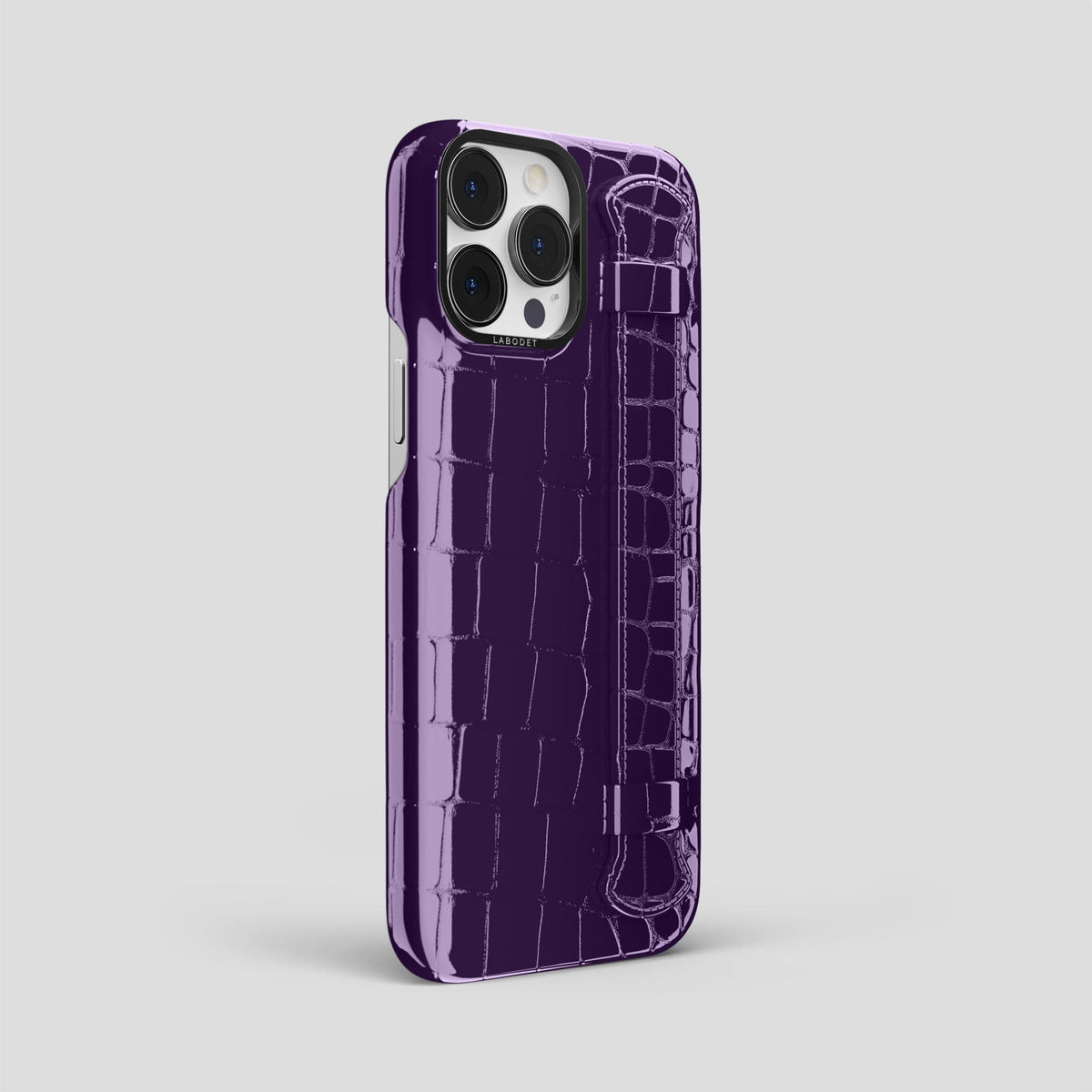 Purple iPhone 14 Pro Max Strap Case Shiny Alligator with Black Metal -2 | Purple-Black