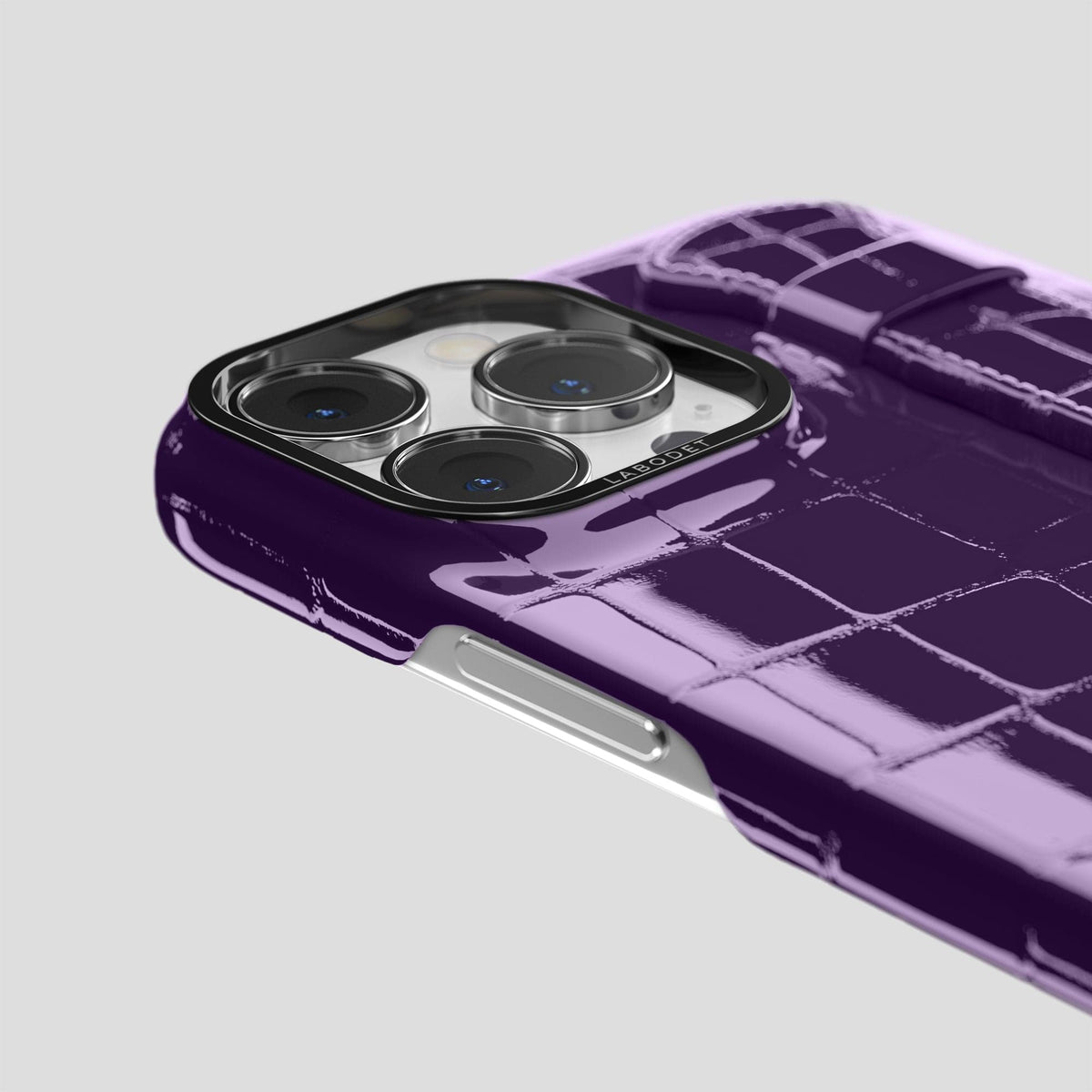 Purple iPhone 14 Pro Max Strap Case Shiny Alligator with Black Metal -6 | Purple-Black