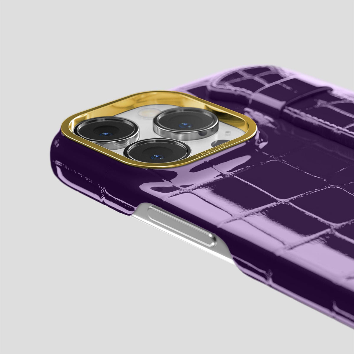 Purple iPhone 14 Pro Max Strap Case Shiny Alligator with Gold Metal -6 | Purple-Gold