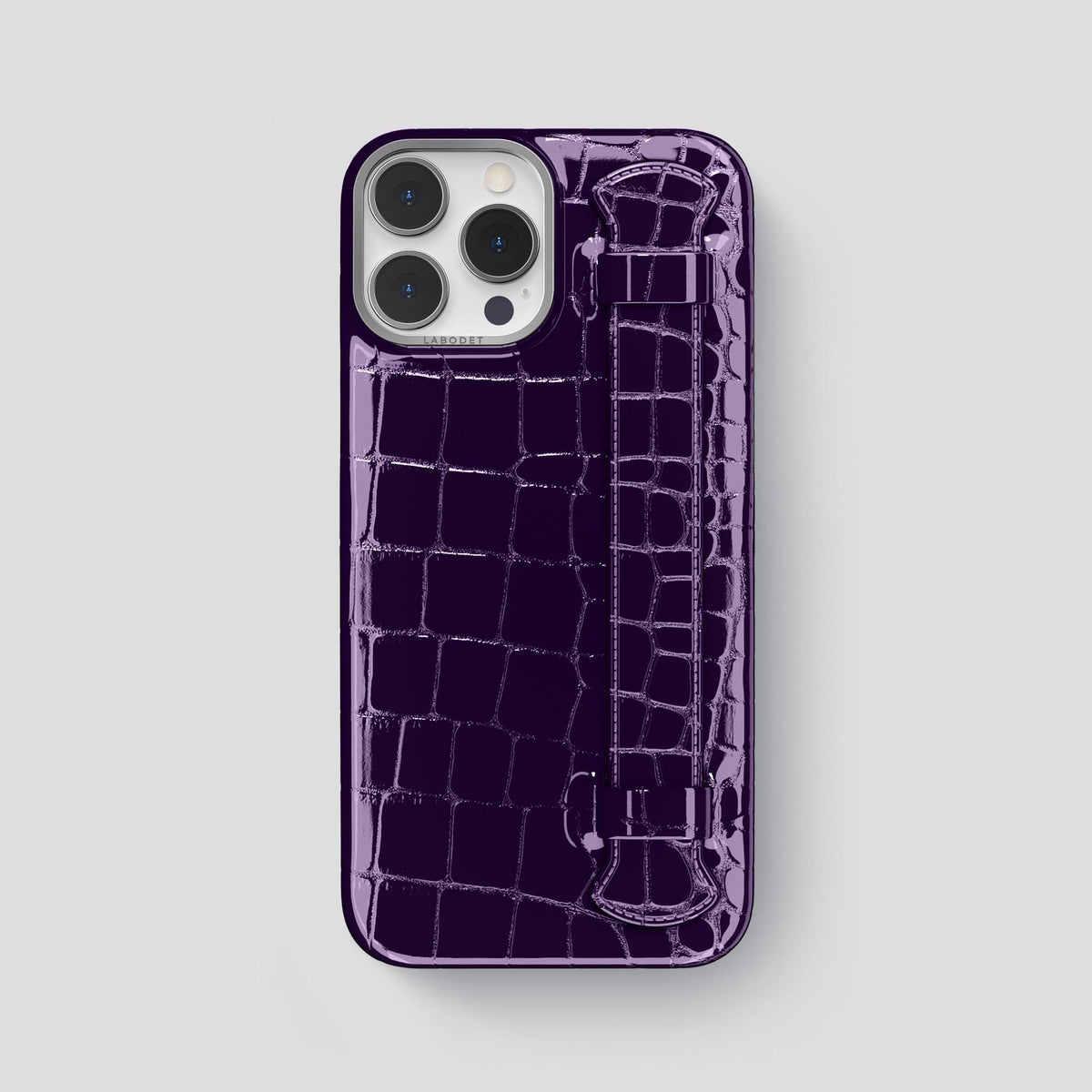 Purple iPhone 14 Pro Max Strap Case Shiny Alligator with Steel Metal -1 | Purple-Steel
