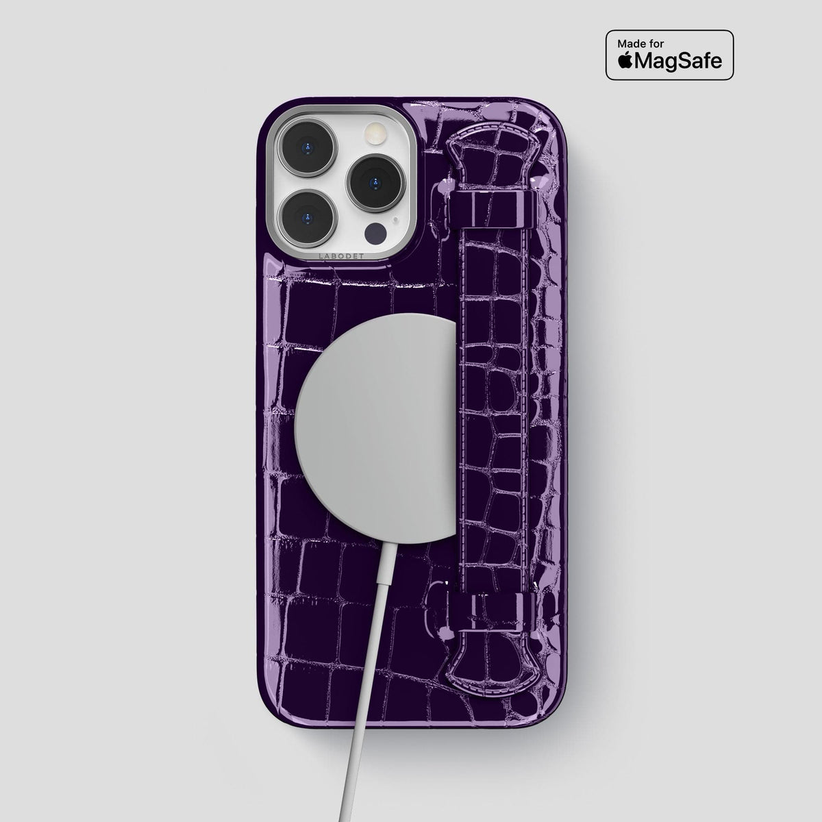 Purple iPhone 14 Pro Max Strap Case Shiny Alligator with Steel Metal -5 | Purple-Steel