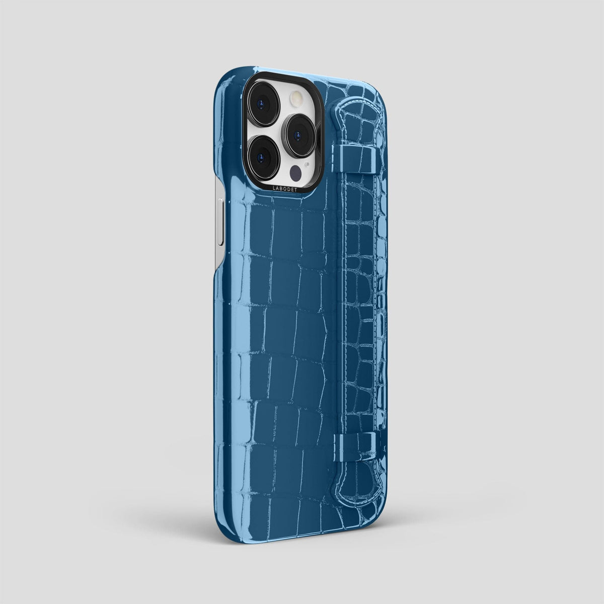 Turquoise-Blue iPhone 14 Pro Max Strap Case Shiny Alligator with Black Metal -2 | Turqoise-Blue-Black