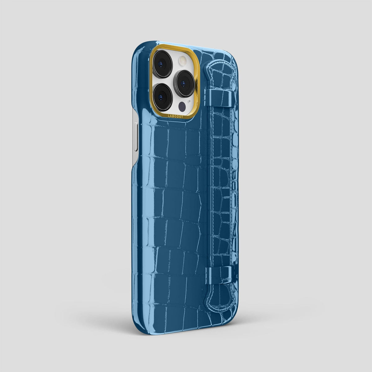 Turquoise-Blue iPhone 14 Pro Max Strap Case Shiny Alligator with Gold Metal -2 | Turqoise-Blue-Gold