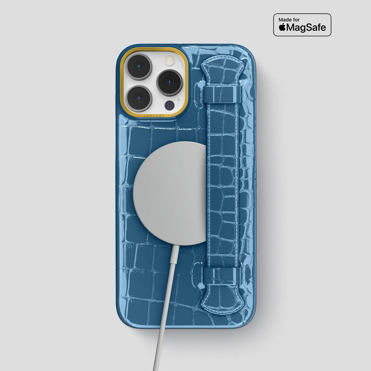 Turquoise-Blue iPhone 14 Pro Max Strap Case Shiny Alligator with Gold Metal -5 | Turqoise-Blue-Gold