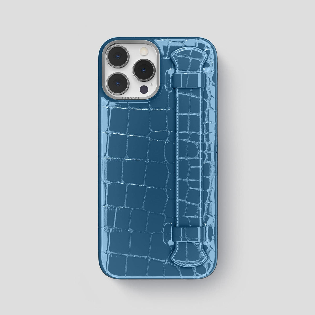 Turquoise-Blue iPhone 14 Pro Max Strap Case Shiny Alligator with Steel Metal -1 | Turqoise-Blue-Steel