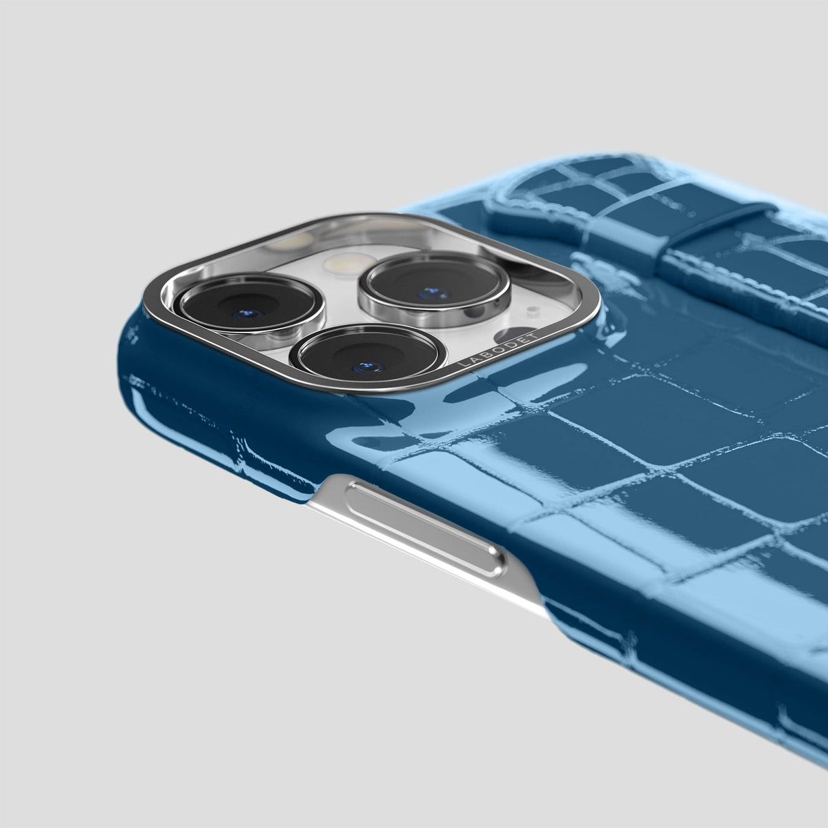 Turquoise-Blue iPhone 14 Pro Max Strap Case Shiny Alligator with Steel Metal -6 | Turqoise-Blue-Steel