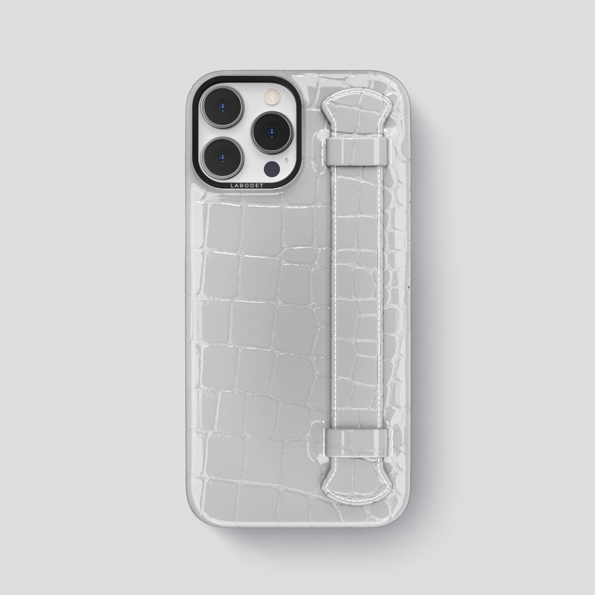 White iPhone 14 Pro Max Strap Case Shiny Alligator with Black Metal -1 | White-Black