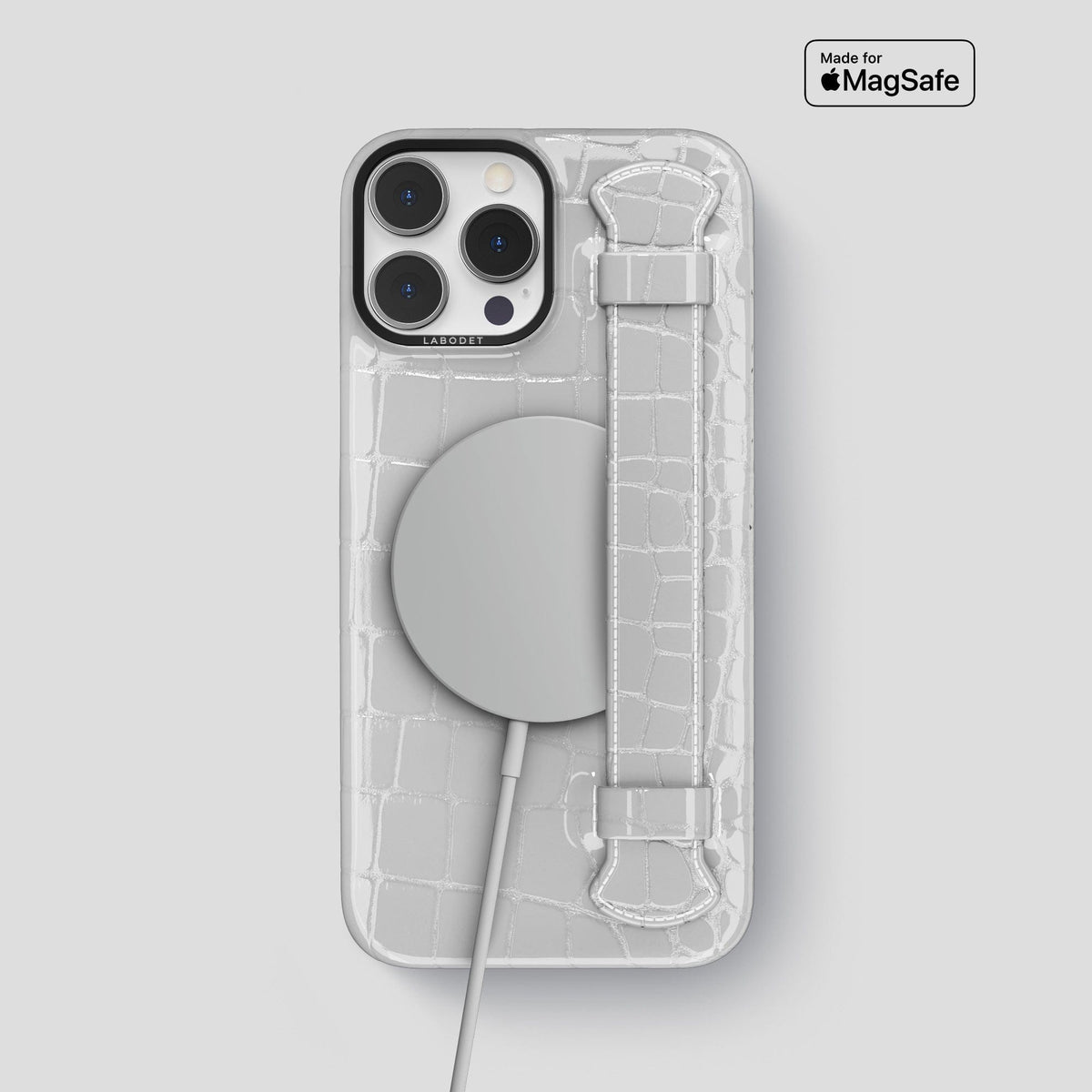White iPhone 14 Pro Max Strap Case Shiny Alligator with Black Metal -5 | White-Black