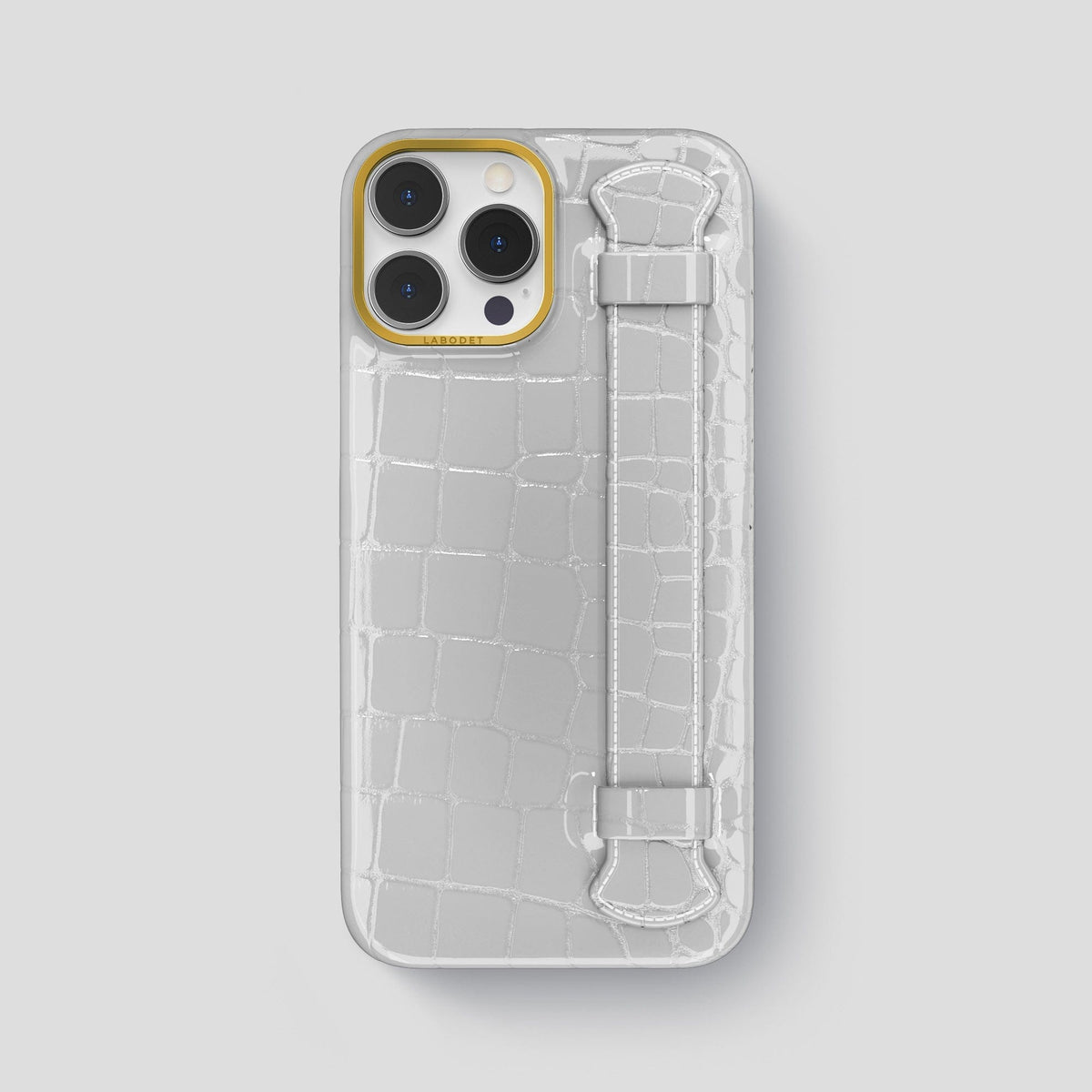 White iPhone 14 Pro Max Strap Case Shiny Alligator with Gold Metal -1 | White-Gold