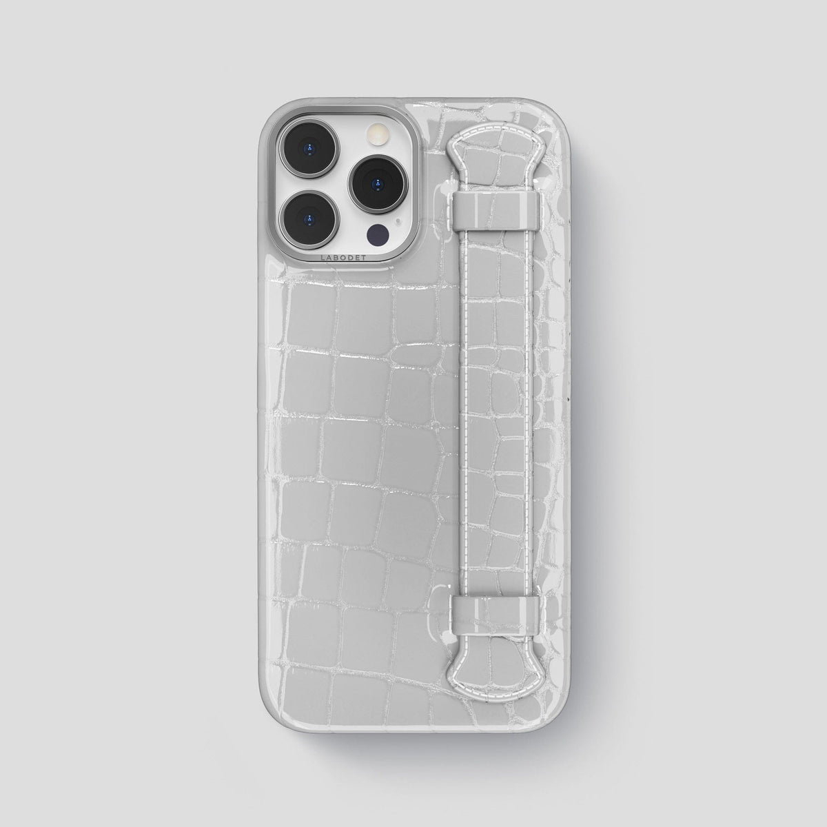 White iPhone 14 Pro Max Strap Case Shiny Alligator with Steel Metal -1 | White-Steel