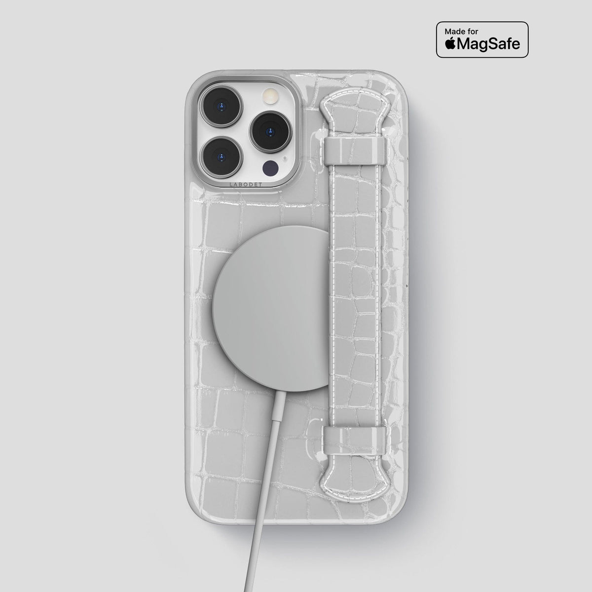 White iPhone 14 Pro Max Strap Case Shiny Alligator with Steel Metal -5 | White-Steel
