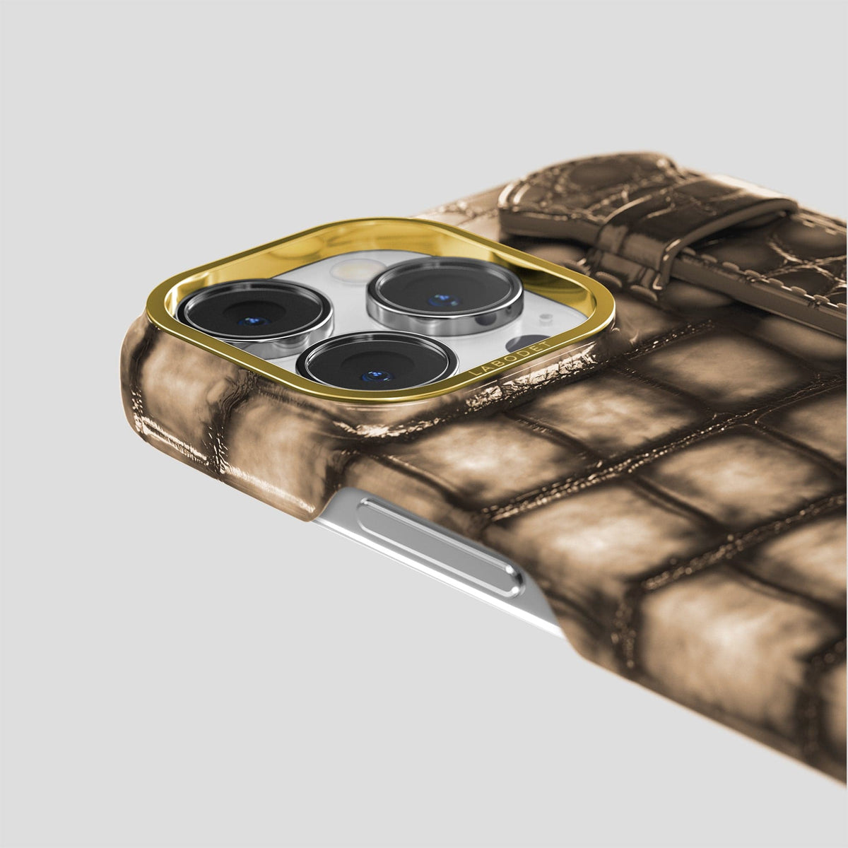 Etoupe iPhone 15 Pro Strap Case Patina Alligator with Gold Metal -6 | Etoupe-Gold