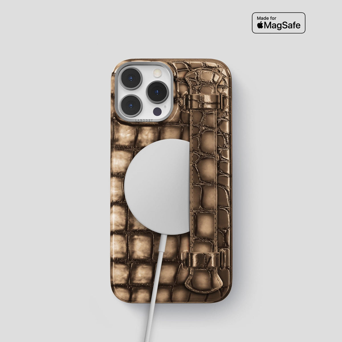 Etoupe iPhone 15 Pro Strap Case Patina Alligator with Steel Metal -5 | Etoupe-Steel