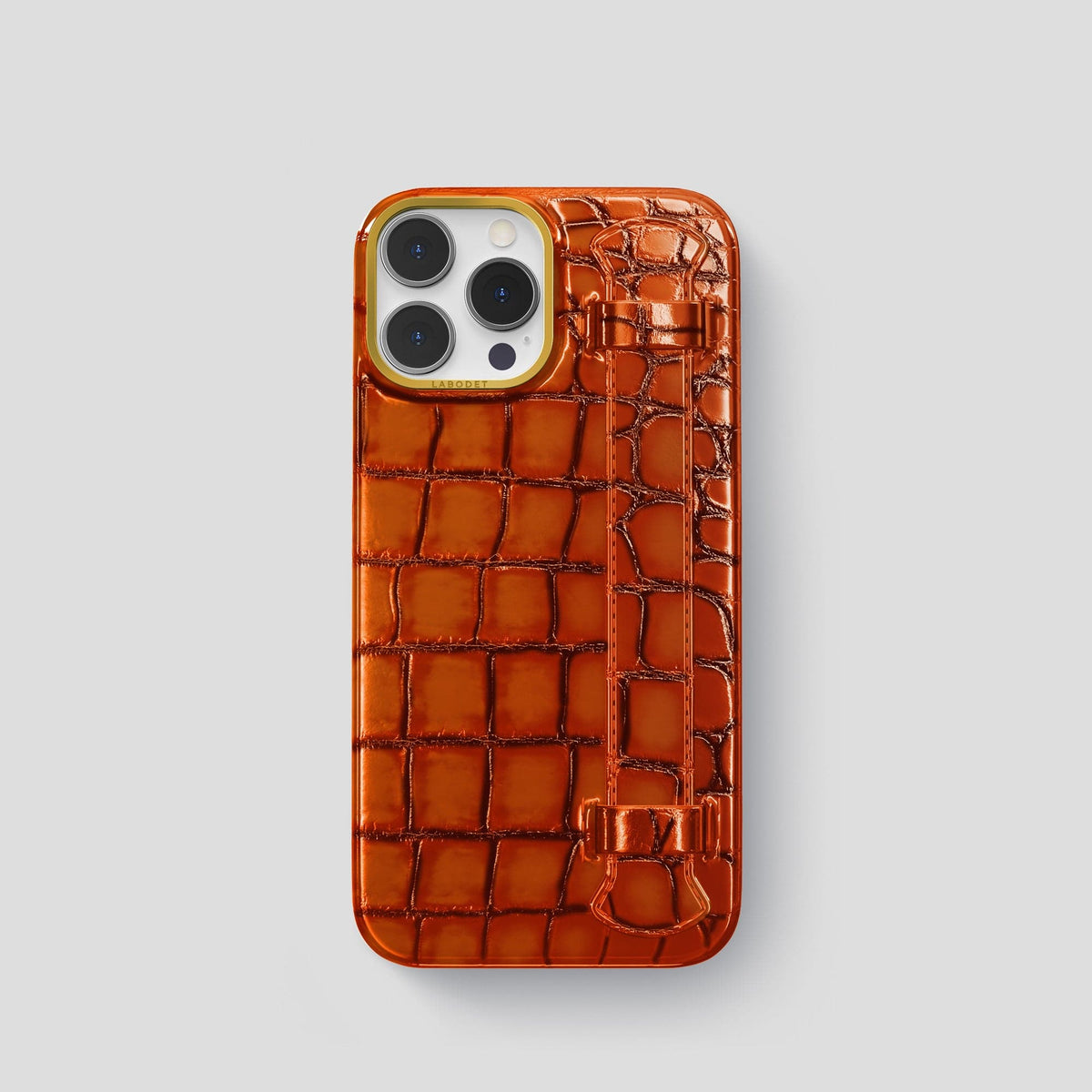 Clay-Court iPhone 15 Pro Strap Case Patina Alligator with Gold Metal -1 | Clay-Court-Gold