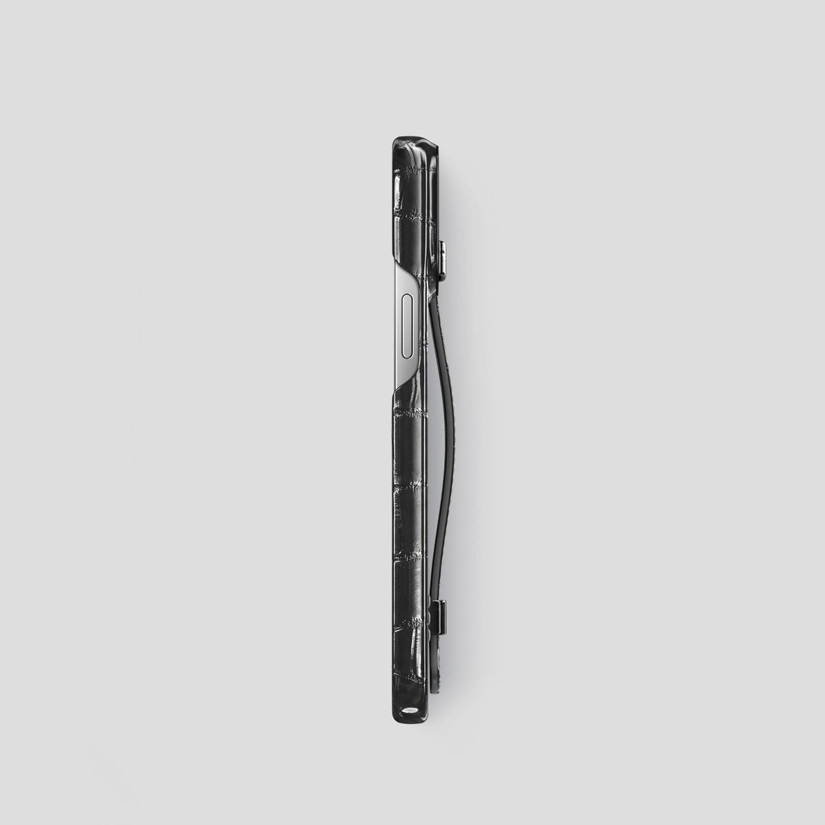 Havana-Black iPhone 15 Pro Strap Case Patina Alligator with Black Metal -3 | Havana-Black-Black