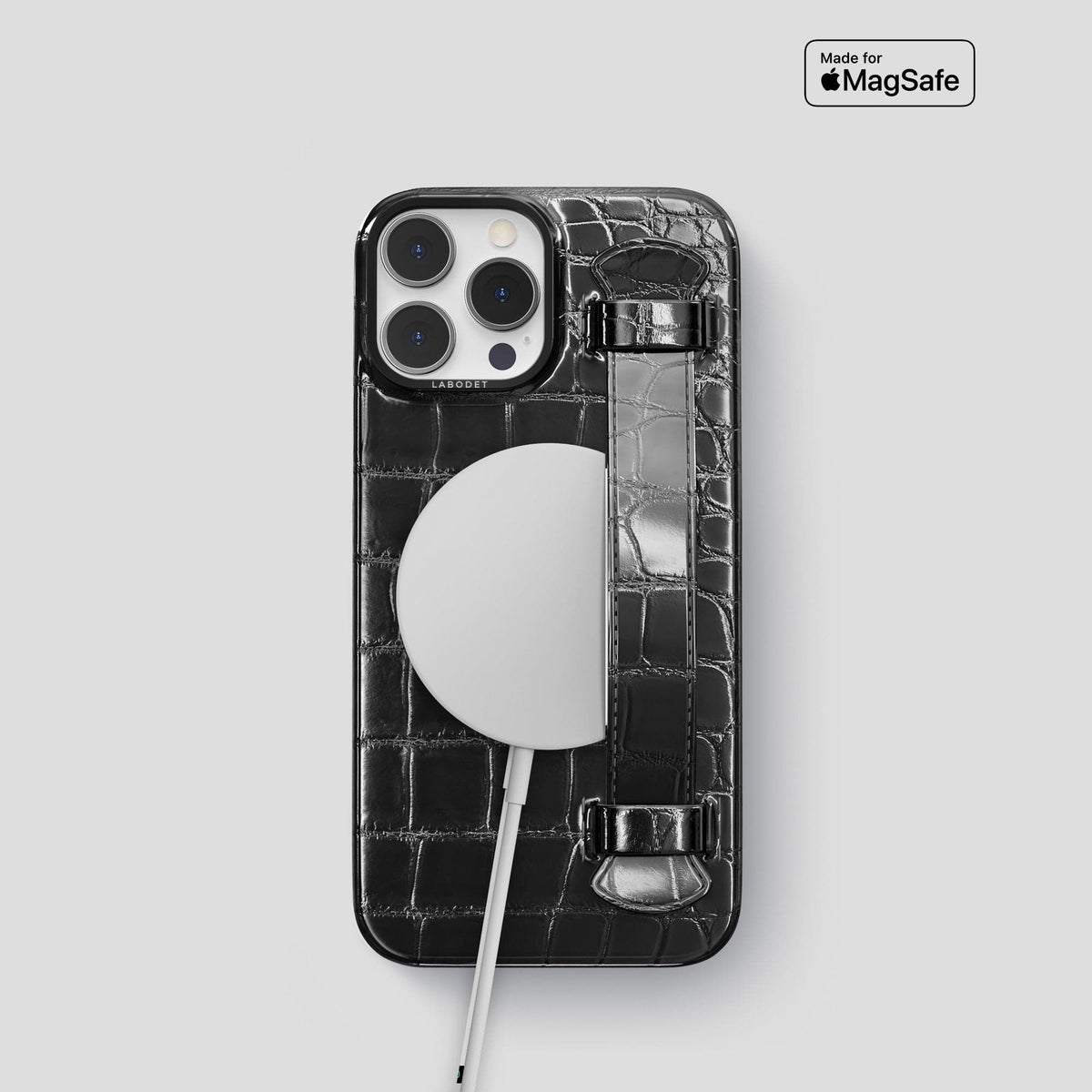 Havana-Black iPhone 15 Pro Strap Case Patina Alligator with Black Metal -5 | Havana-Black-Black