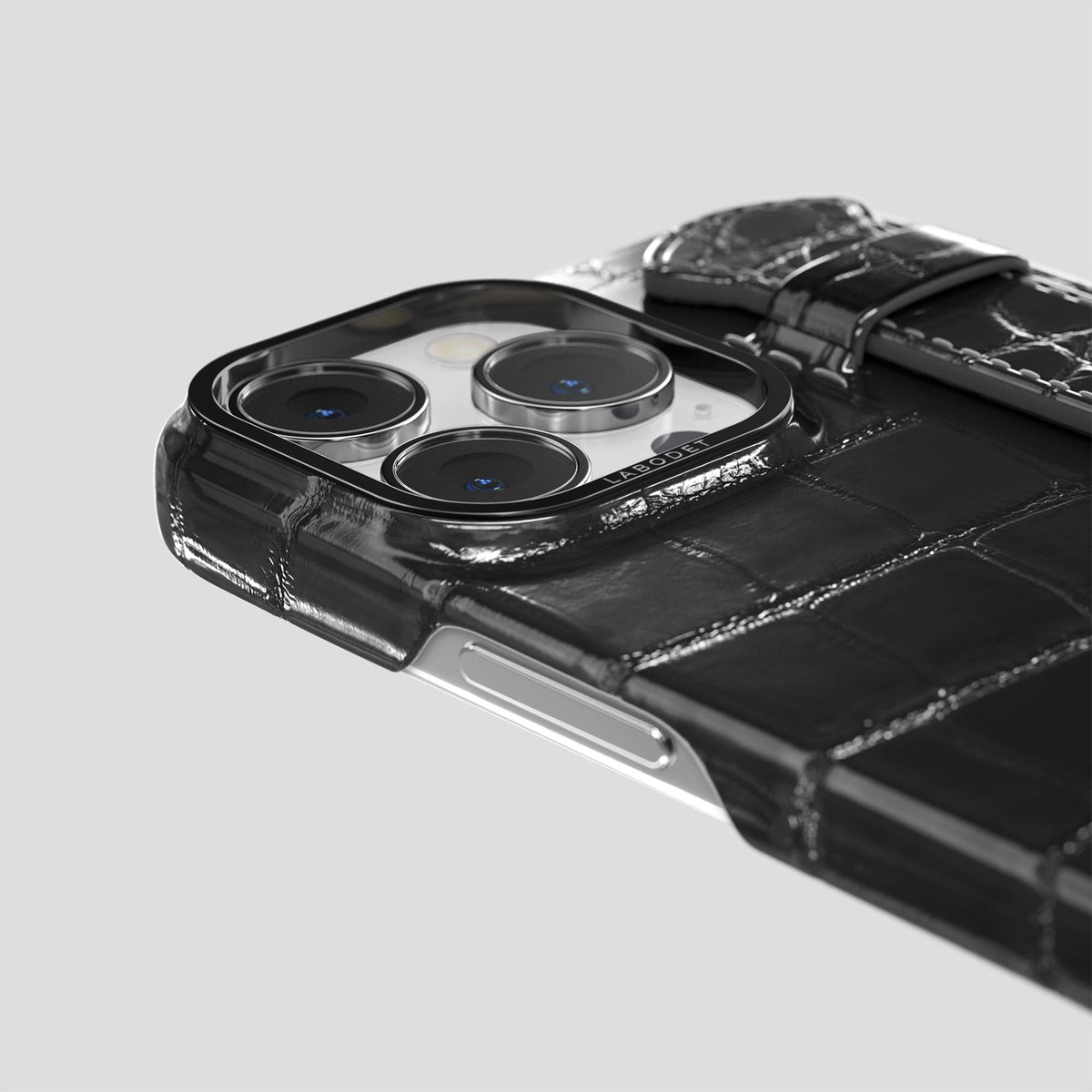 Havana-Black iPhone 15 Pro Strap Case Patina Alligator with Black Metal -6 | Havana-Black-Black