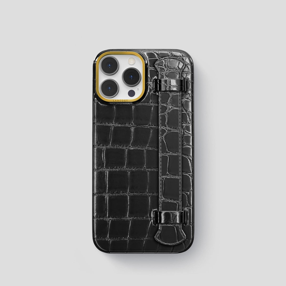 Havana-Black iPhone 15 Pro Strap Case Patina Alligator with Gold Metal -1 | Havana-Black-Gold