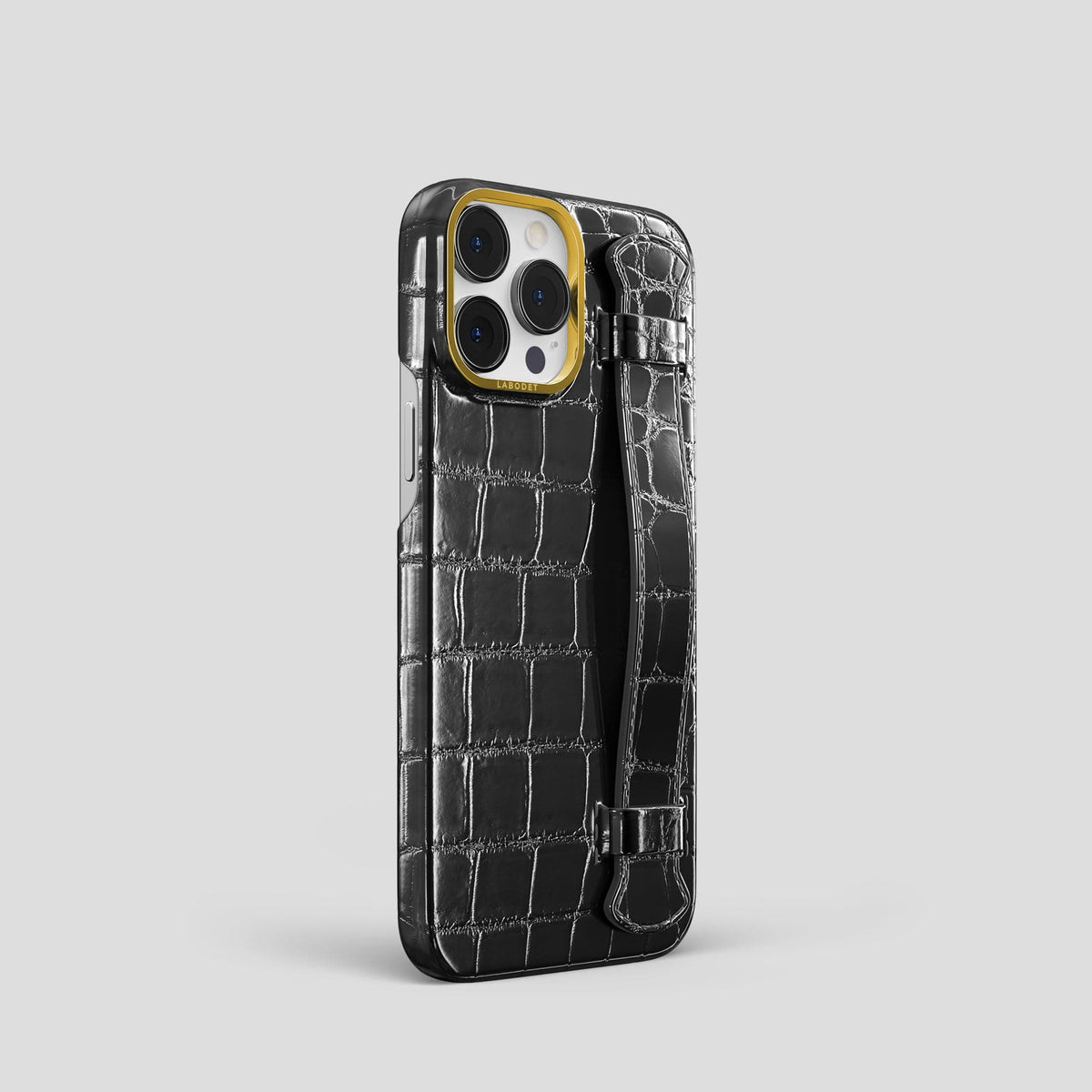 Havana-Black iPhone 15 Pro Strap Case Patina Alligator with Gold Metal -2 | Havana-Black-Gold