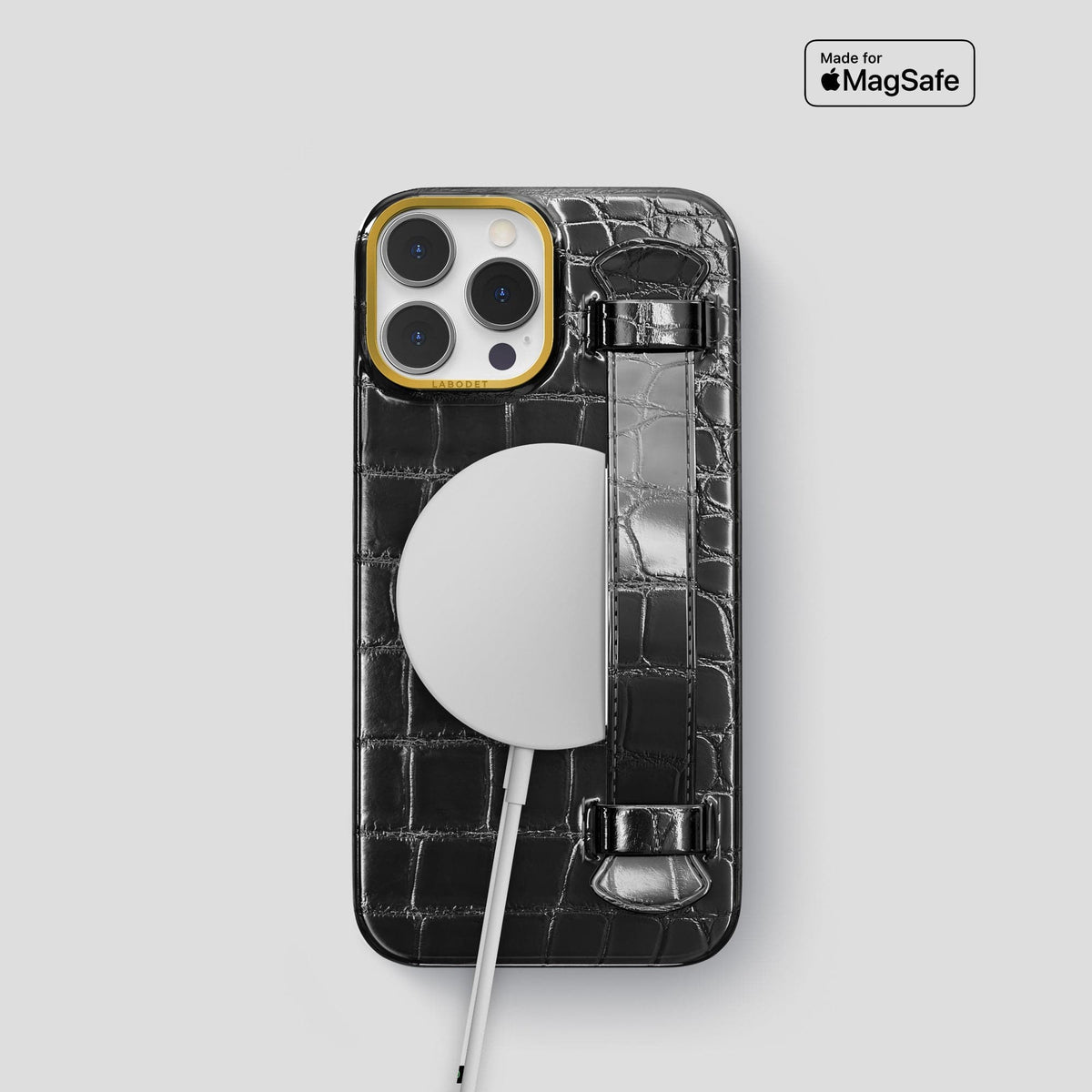 Havana-Black iPhone 15 Pro Strap Case Patina Alligator with Gold Metal -5 | Havana-Black-Gold