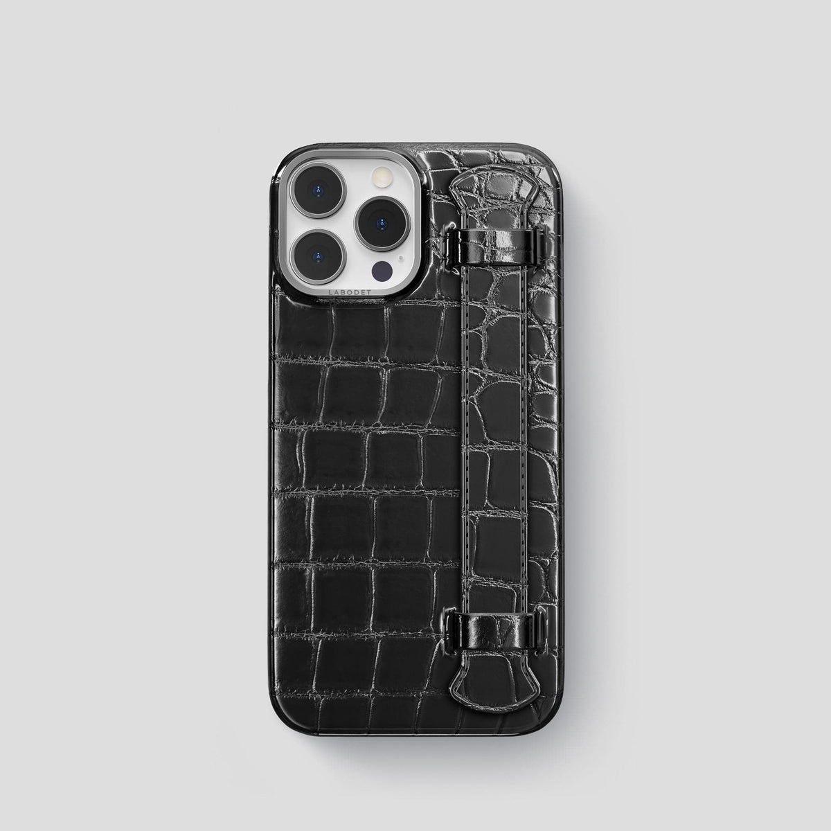 Havana-Black iPhone 15 Pro Strap Case Patina Alligator with Steel Metal -1 | Havana-Black-Steel