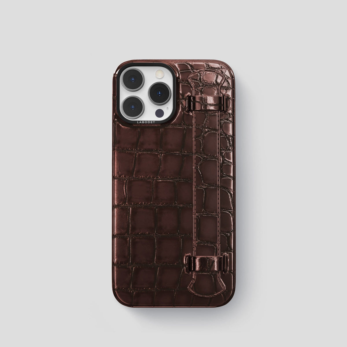 Grape-Wine iPhone 15 Pro Strap Case Patina Alligator with Black Metal -1 | Grape-Wine-Black