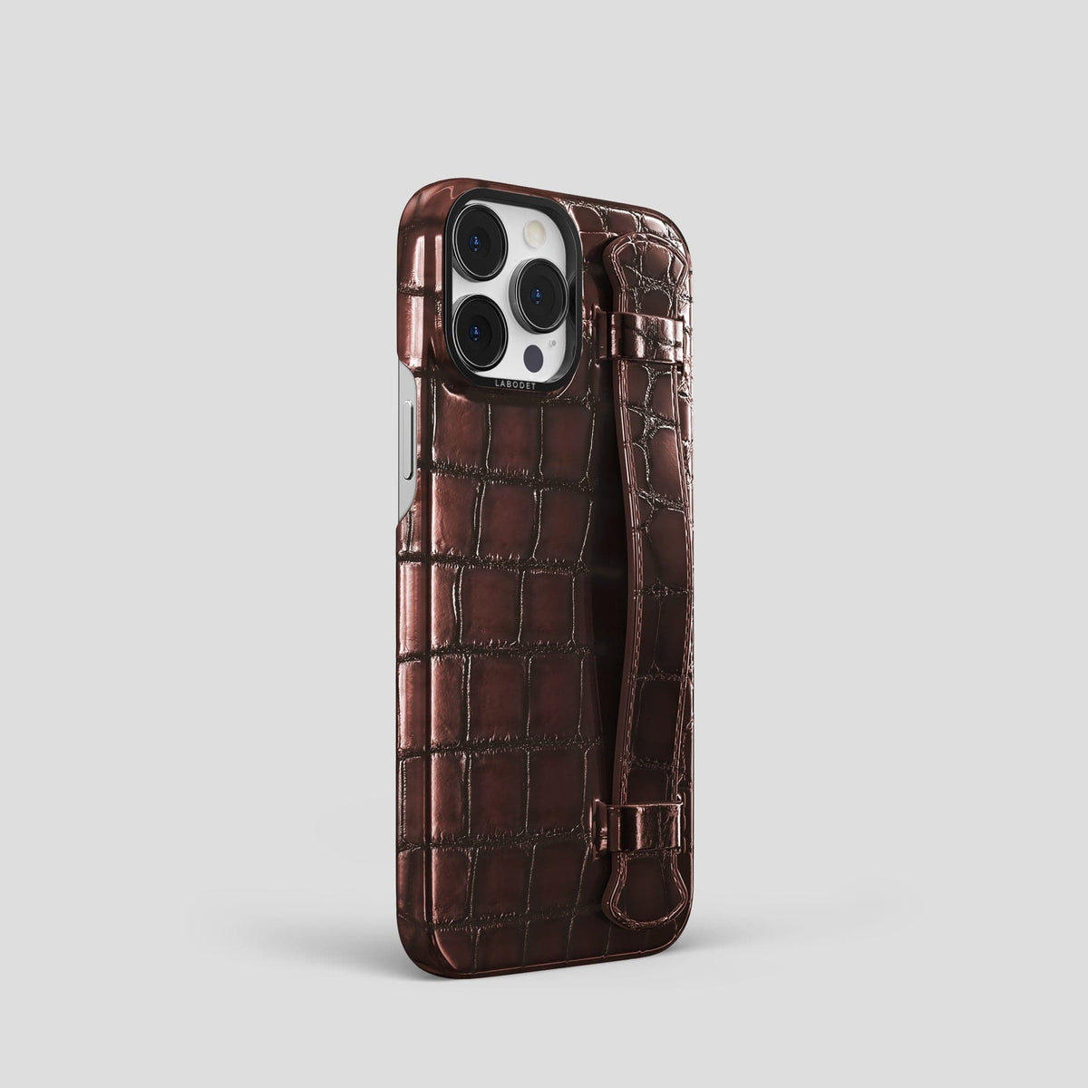 Grape-Wine iPhone 15 Pro Strap Case Patina Alligator with Black Metal -2 | Grape-Wine-Black