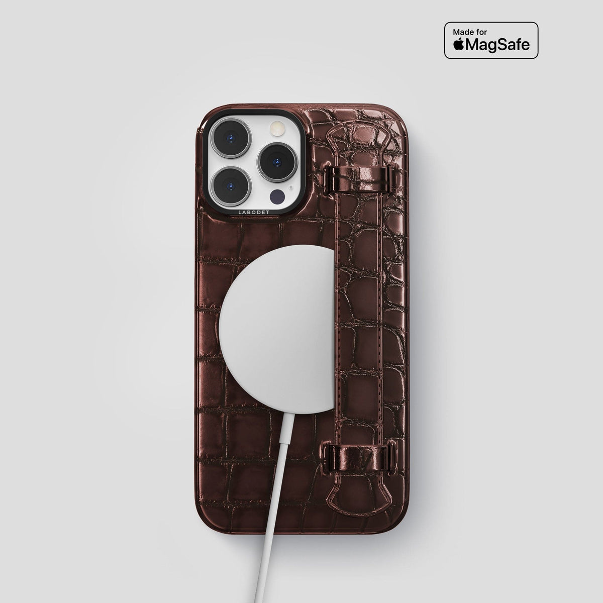 Grape-Wine iPhone 15 Pro Strap Case Patina Alligator with Black Metal -5 | Grape-Wine-Black