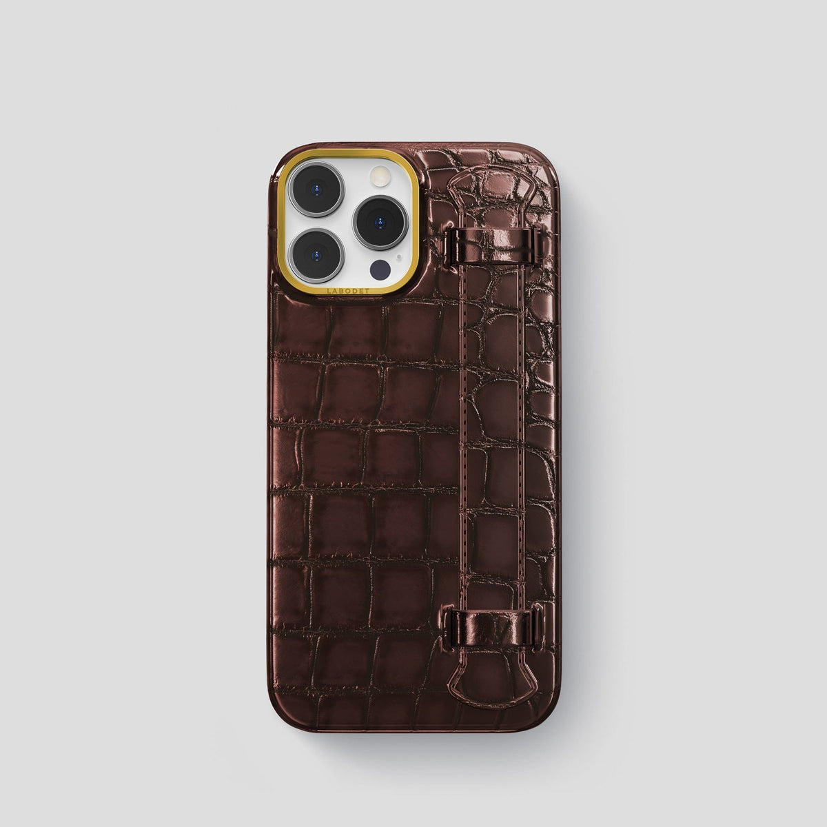 Grape-Wine iPhone 15 Pro Strap Case Patina Alligator with Gold Metal -1 | Grape-Wine-Gold