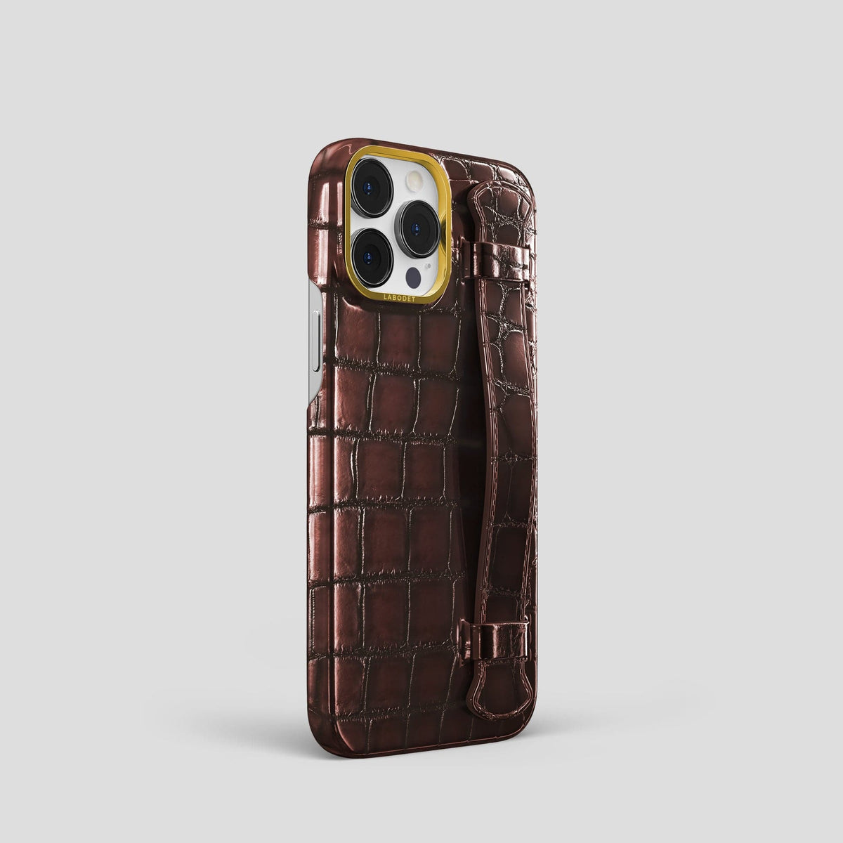 Grape-Wine iPhone 15 Pro Strap Case Patina Alligator with Gold Metal -2 | Grape-Wine-Gold