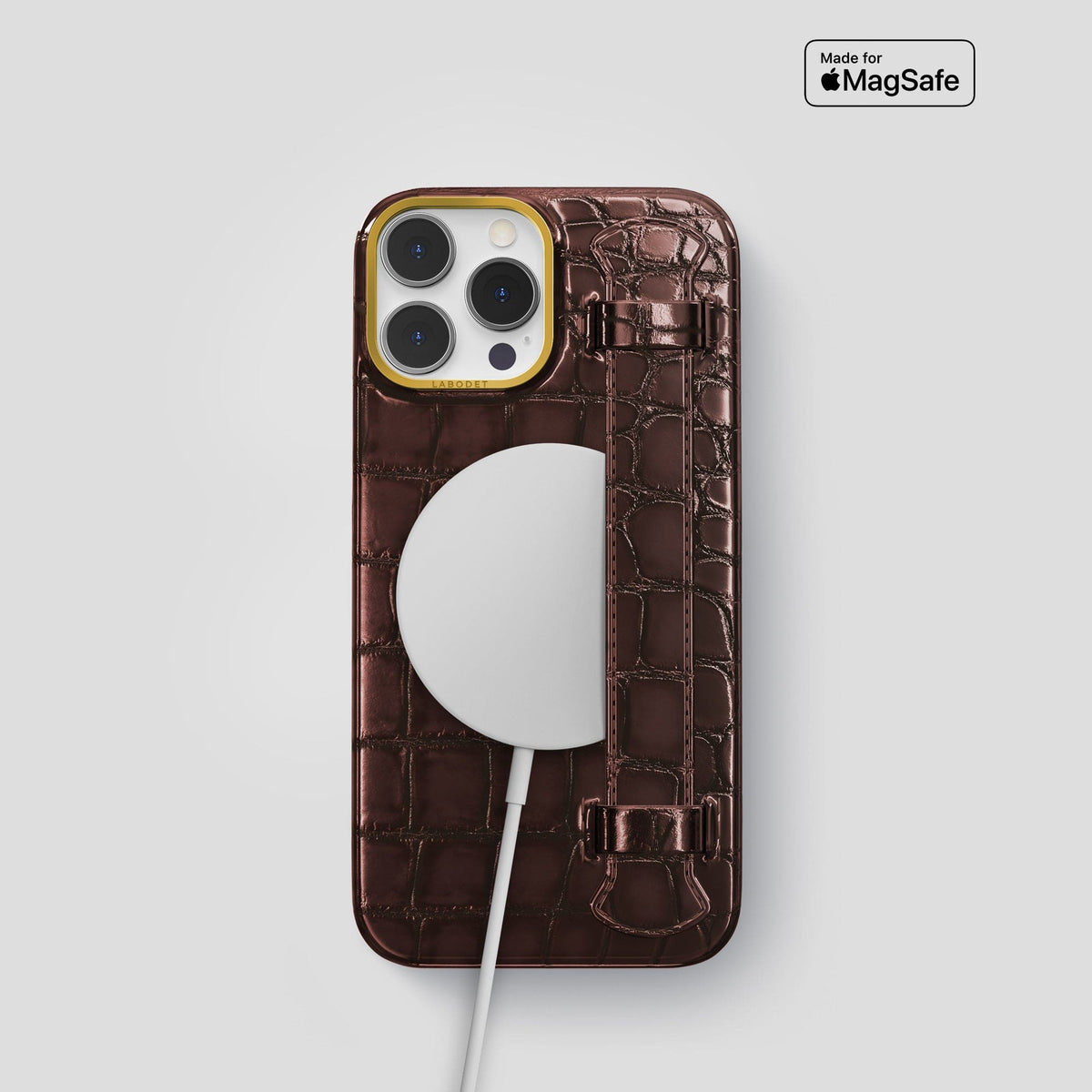 Grape-Wine iPhone 15 Pro Strap Case Patina Alligator with Gold Metal -5 | Grape-Wine-Gold