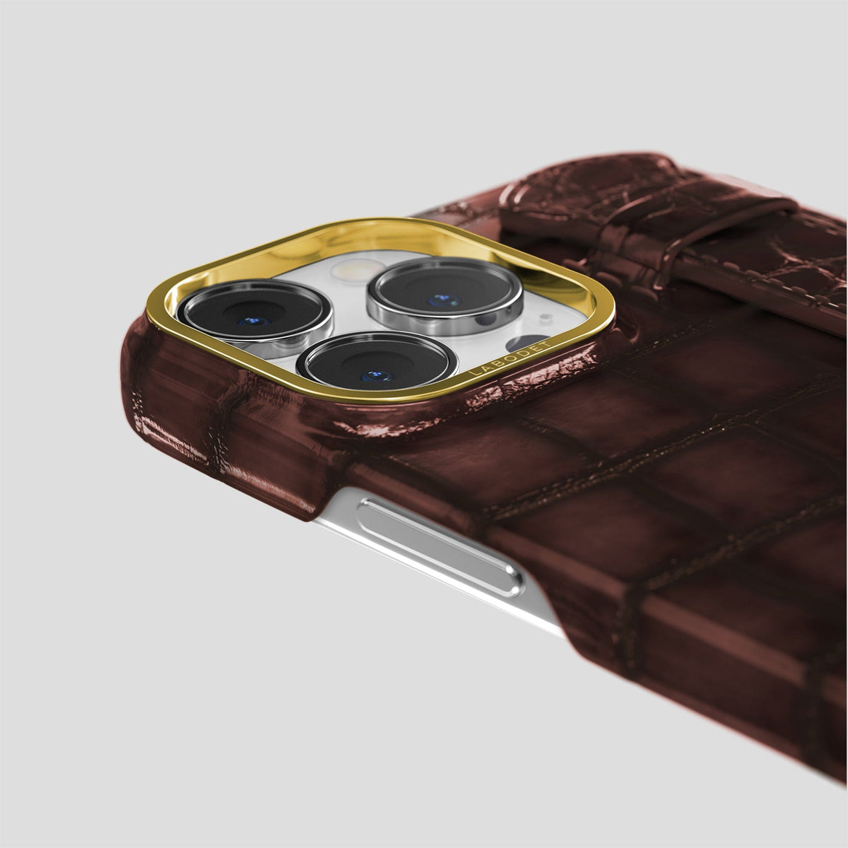 Grape-Wine iPhone 15 Pro Strap Case Patina Alligator with Gold Metal -6 | Grape-Wine-Gold