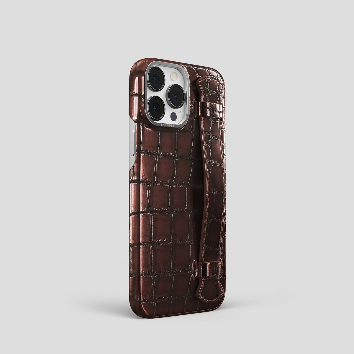 Grape-Wine iPhone 15 Pro Strap Case Patina Alligator with Steel Metal -2 | Grape-Wine-Steel