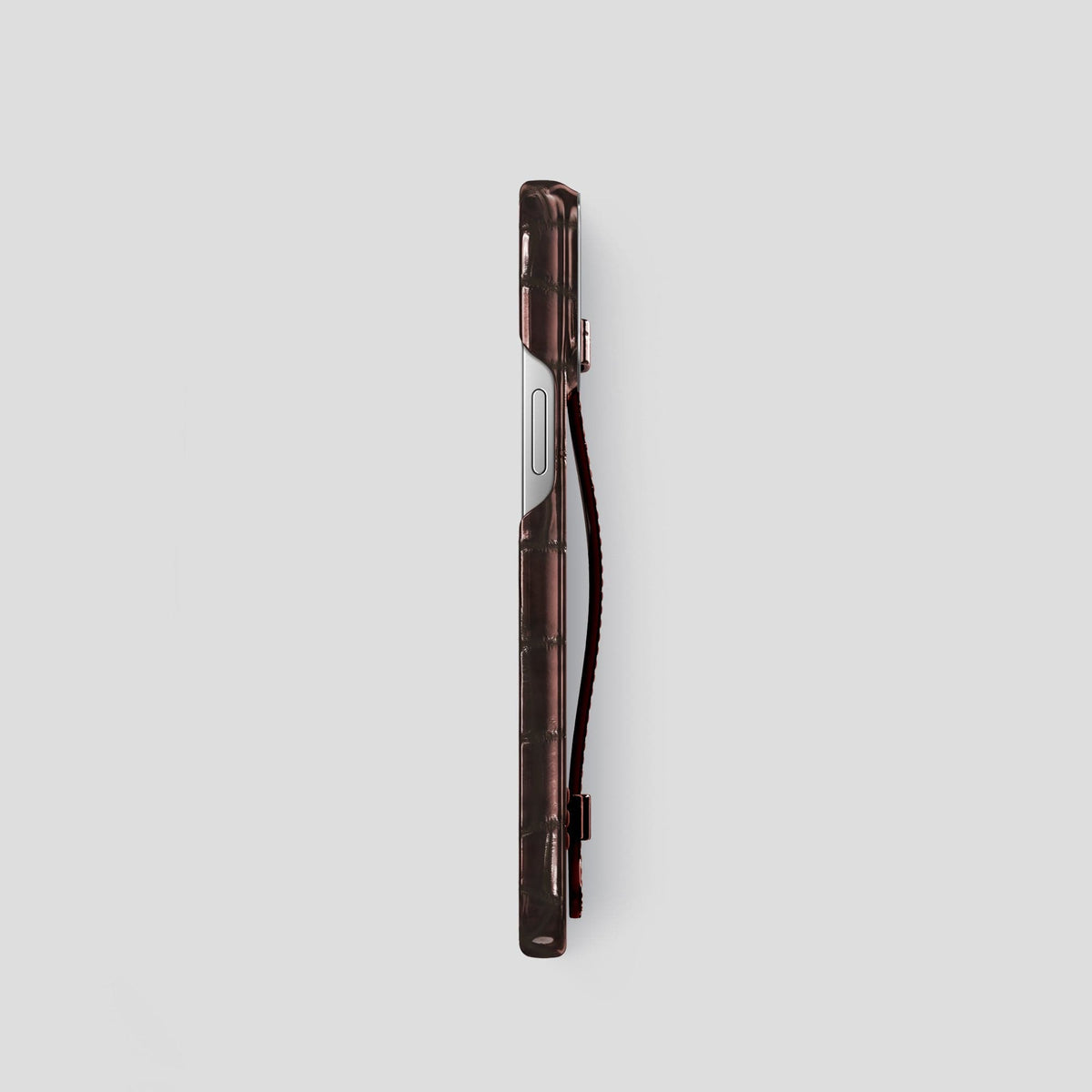 Grape-Wine iPhone 15 Pro Strap Case Patina Alligator with Steel Metal -3 | Grape-Wine-Steel