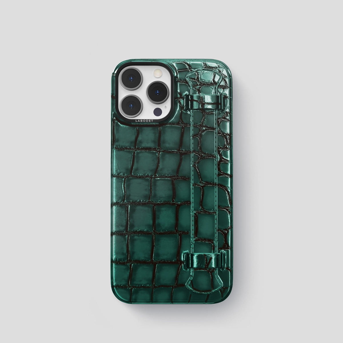 Green iPhone 15 Pro Strap Case Patina Alligator with Black Metal -1 | Green-Black