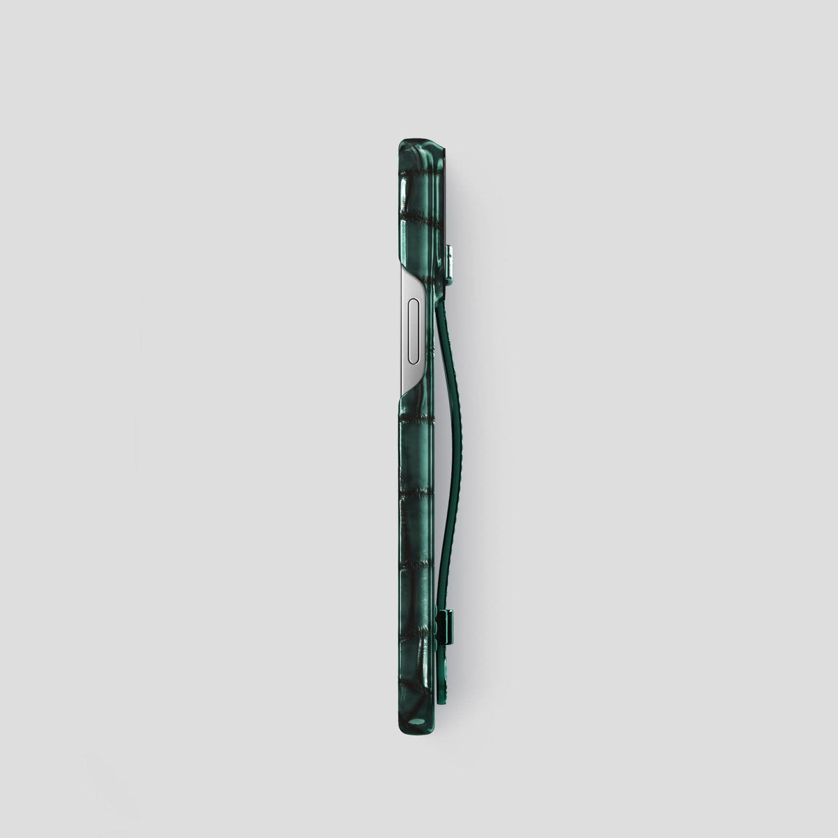 Green iPhone 15 Pro Strap Case Patina Alligator with Black Metal -3 | Green-Black