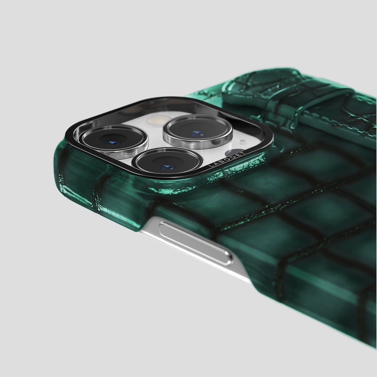 Green iPhone 15 Pro Strap Case Patina Alligator with Black Metal -6 | Green-Black