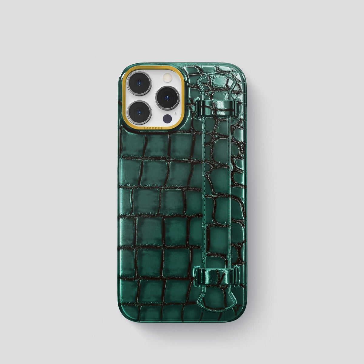 Green iPhone 15 Pro Strap Case Patina Alligator with Gold Metal -1 | Green-Gold