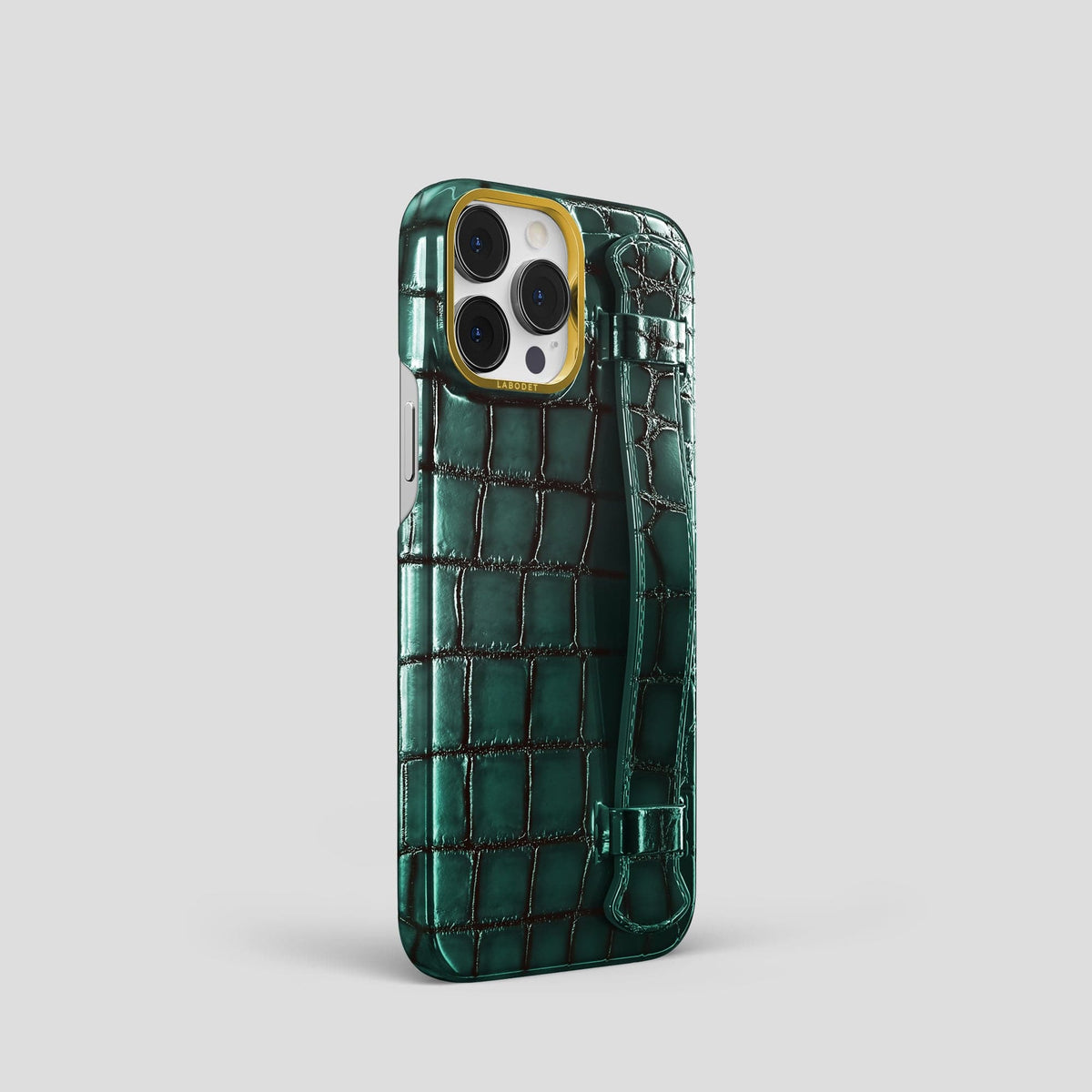 Green iPhone 15 Pro Strap Case Patina Alligator with Gold Metal -2 | Green-Gold