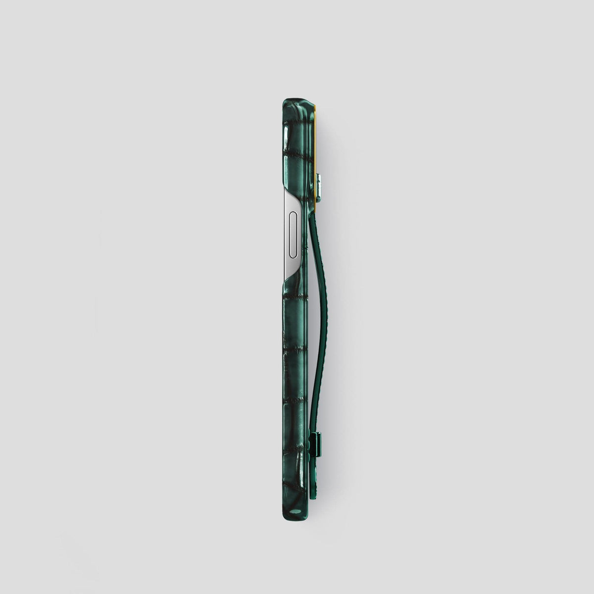 Green iPhone 15 Pro Strap Case Patina Alligator with Gold Metal -3 | Green-Gold