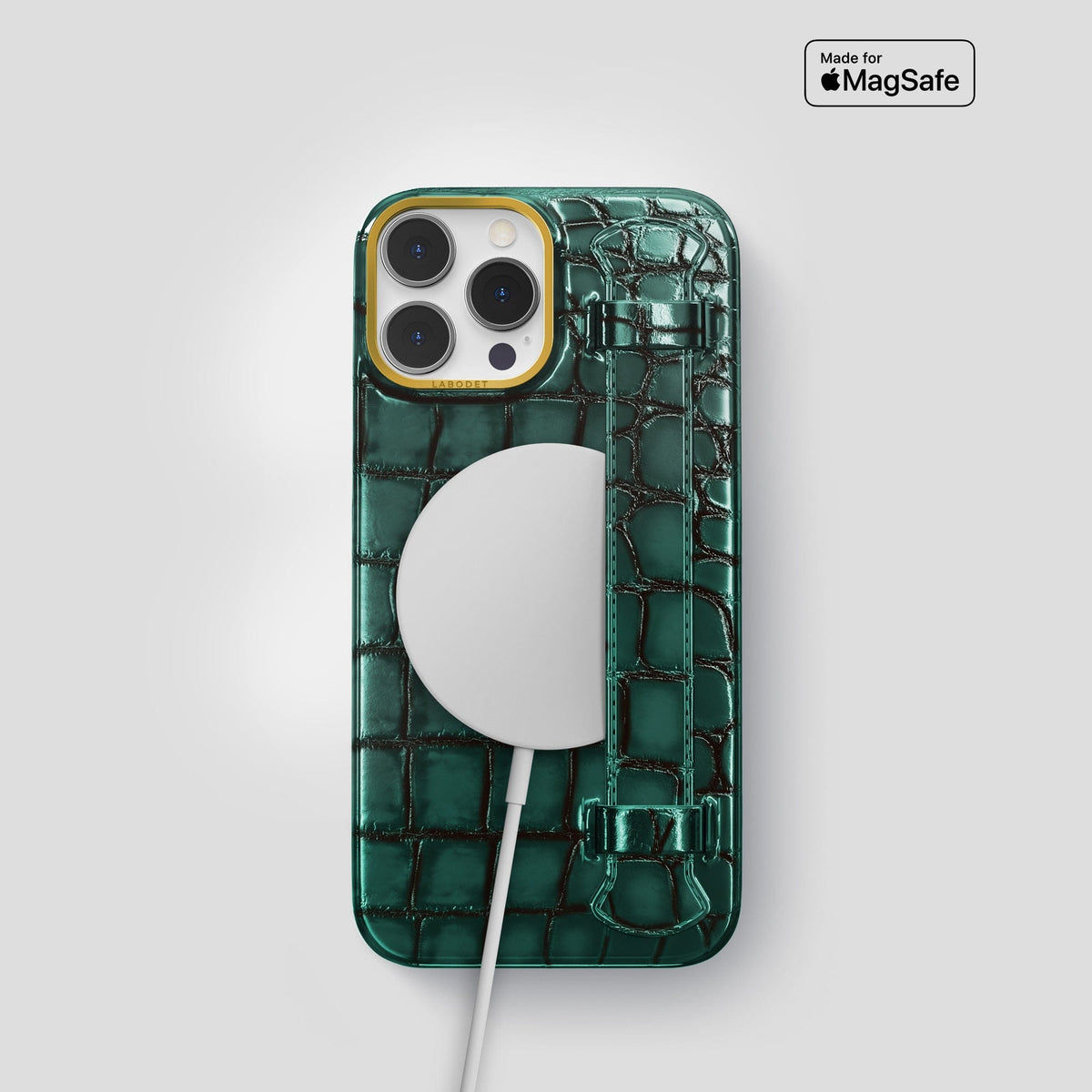 Green iPhone 15 Pro Strap Case Patina Alligator with Gold Metal -5 | Green-Gold