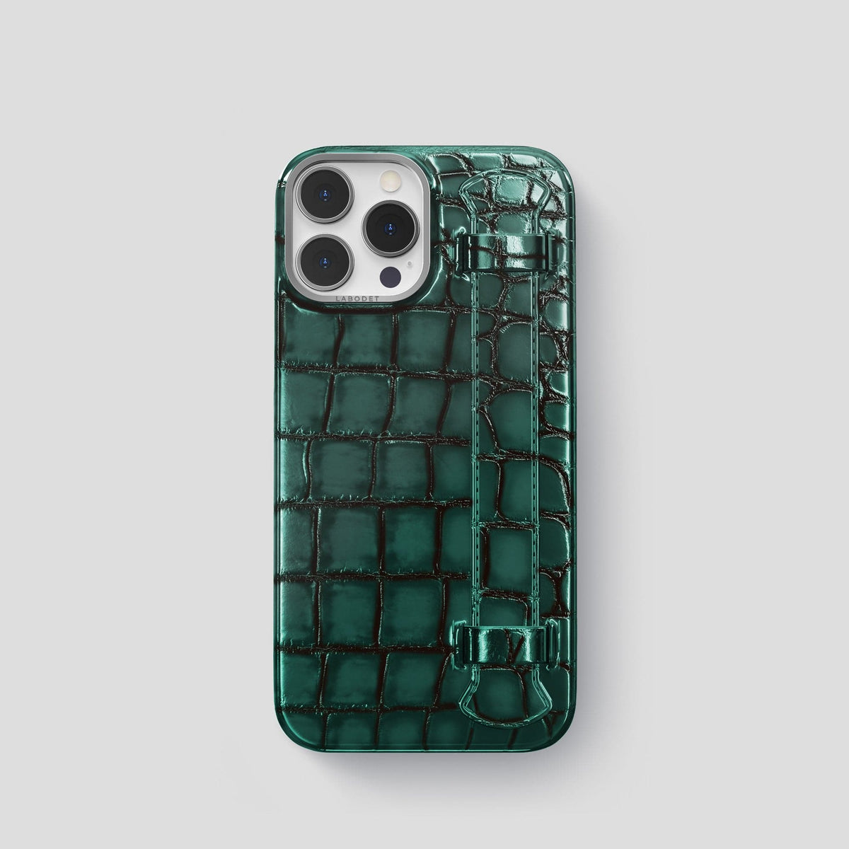Green iPhone 15 Pro Strap Case Patina Alligator with Steel Metal -1 | Green-Steel