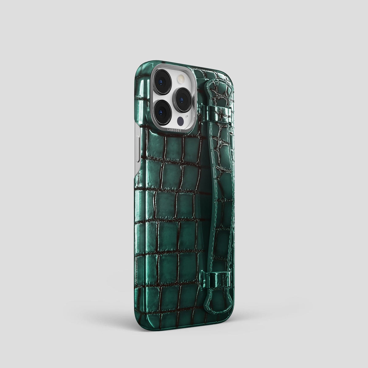 Green iPhone 15 Pro Strap Case Patina Alligator with Steel Metal -2 | Green-Steel