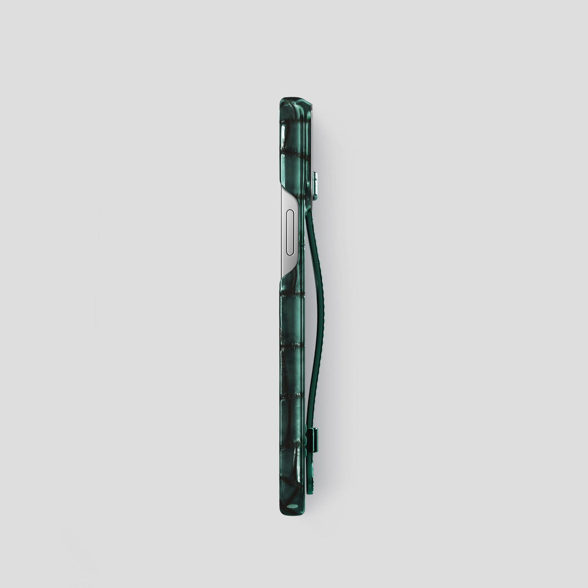 Green iPhone 15 Pro Strap Case Patina Alligator with Steel Metal -3 | Green-Steel