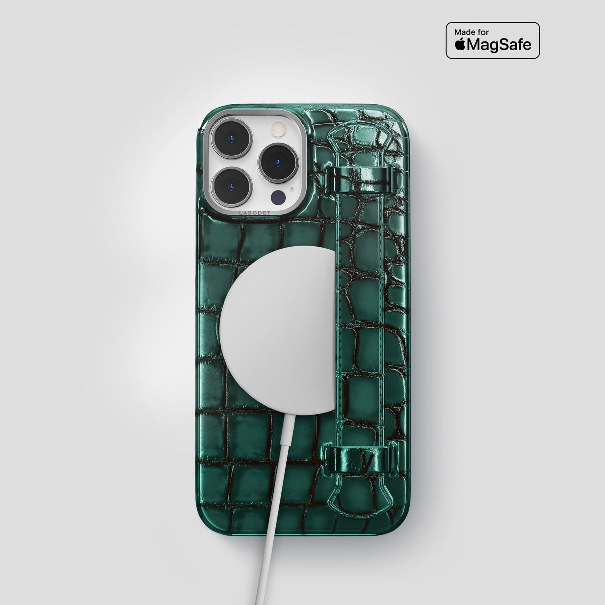 Green iPhone 15 Pro Strap Case Patina Alligator with Steel Metal -5 | Green-Steel