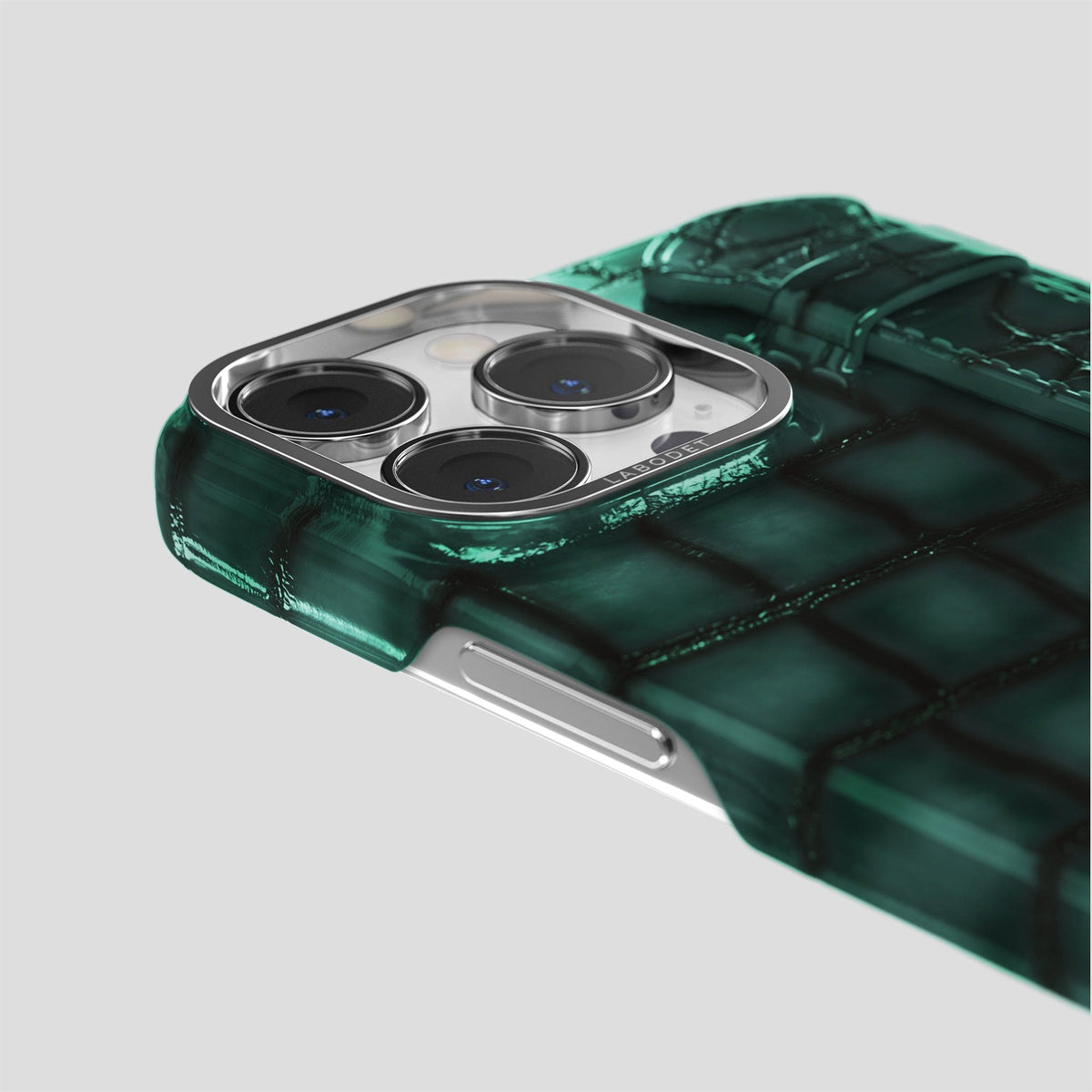 Green iPhone 15 Pro Strap Case Patina Alligator with Steel Metal -6 | Green-Steel