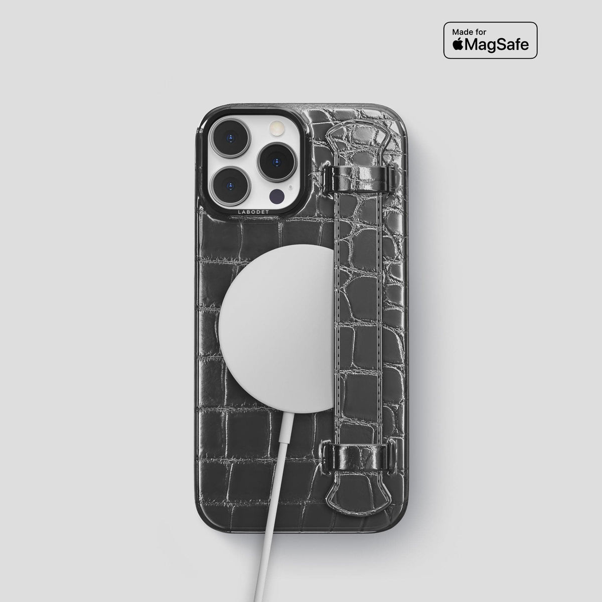 Grey iPhone 15 Pro Strap Case Patina Alligator with Black Metal -5 | Grey-Black